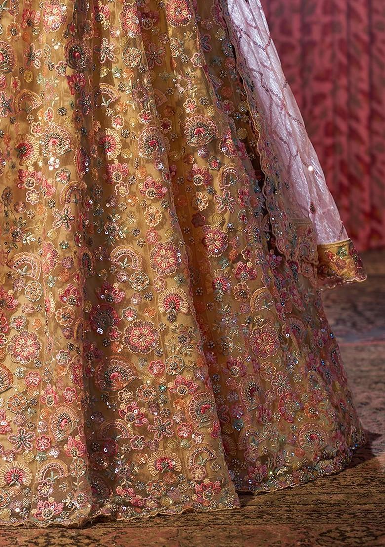 Beige Embroidered Poly Blend Lehenga Set