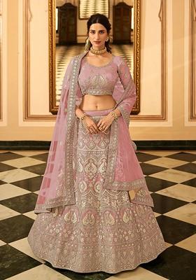 Purple Embroidered Poly Blend Lehenga Set