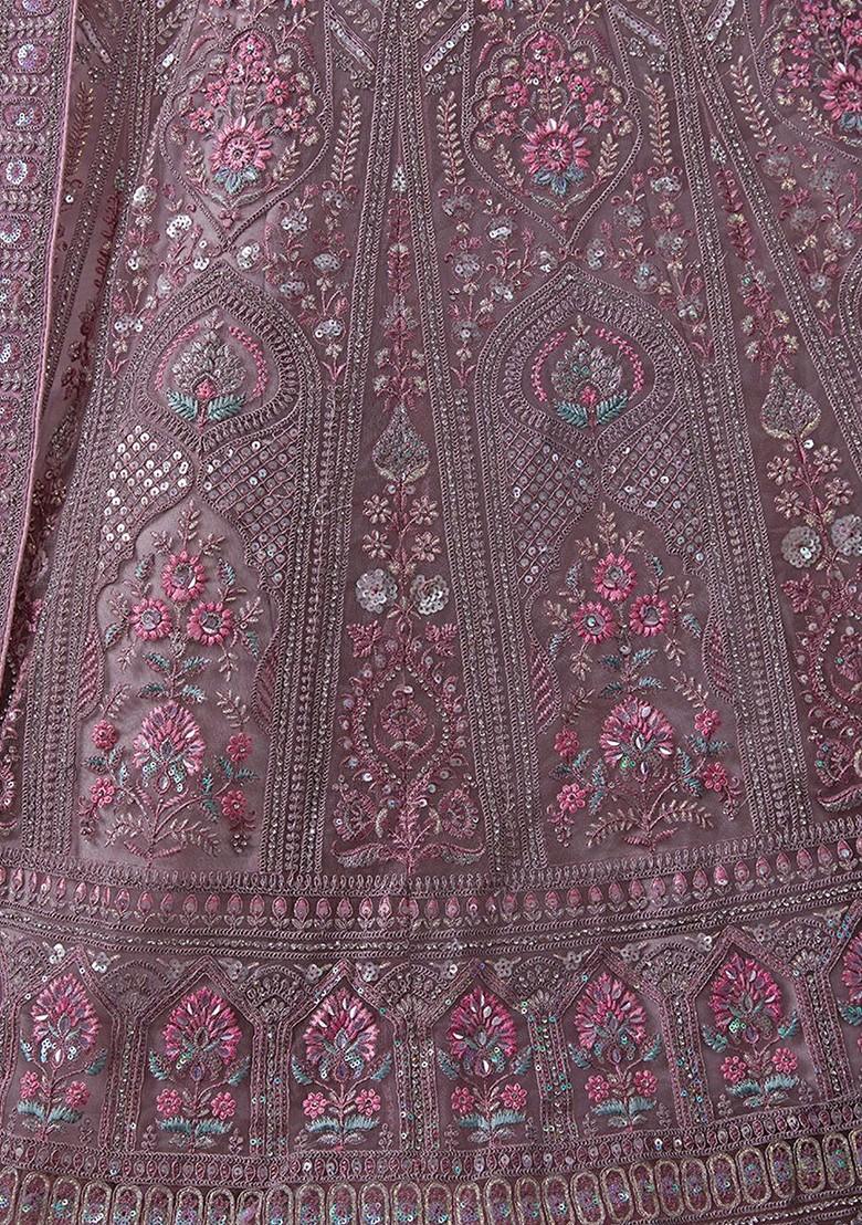 Brown Embroidered Poly Blend Lehenga Set