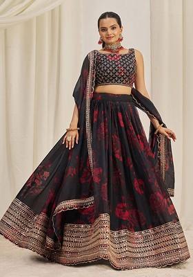 Black Printed Poly Blend Lehenga Set