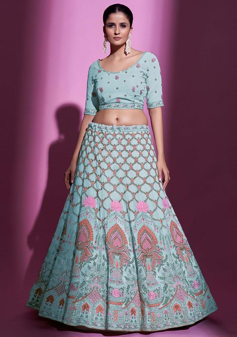 Blue Embellished Poly Blend Lehenga Set