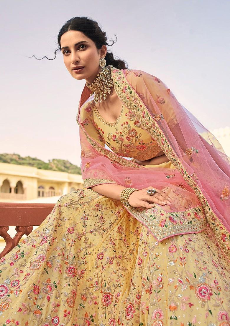 Yellow Embroidered Poly Blend Lehenga Set