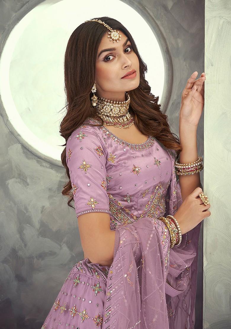 Purple Embroidered Poly Blend Lehenga Set