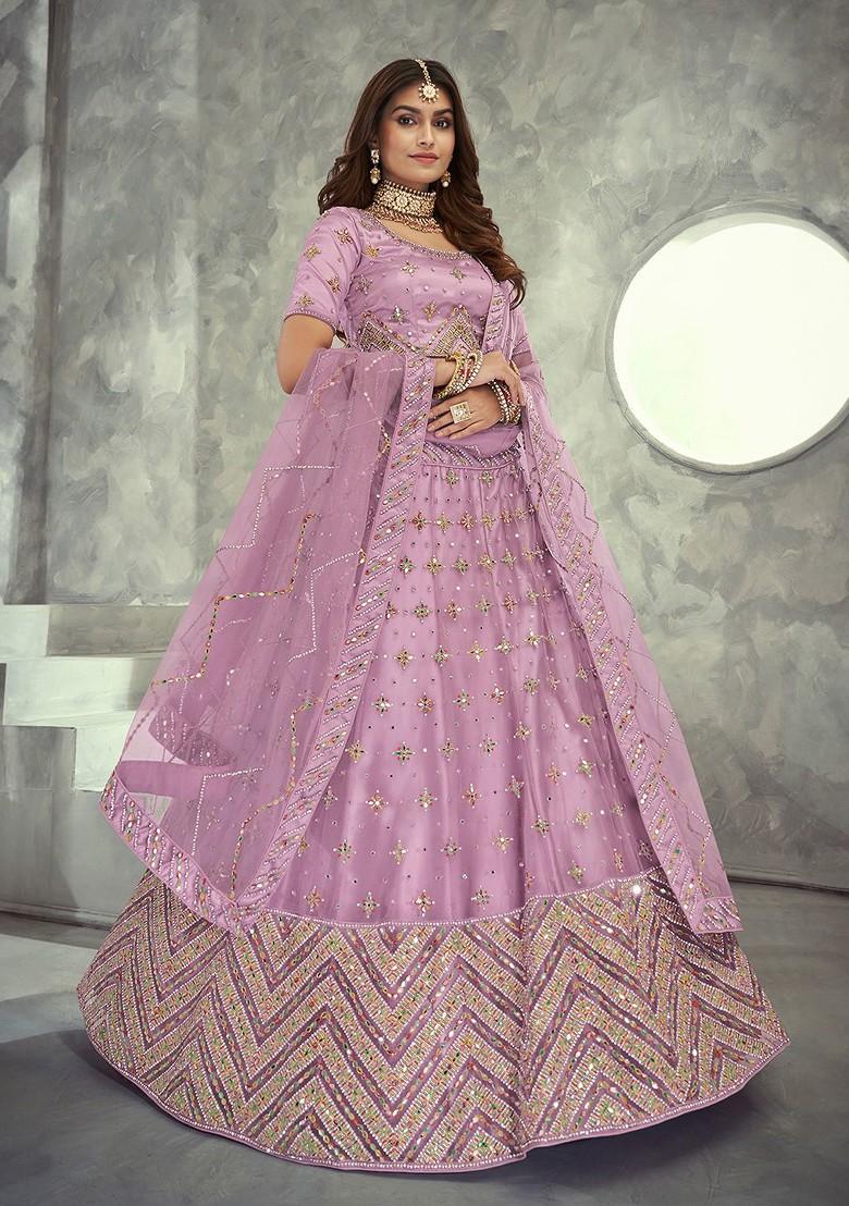 Purple Embroidered Poly Blend Lehenga Set
