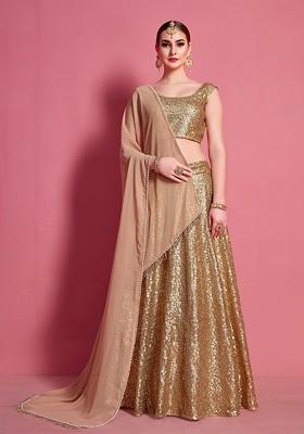 Beige Embroidered Poly Blend Lehenga Set