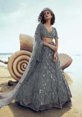 Grey Embroidered Poly Blend Lehenga Set
