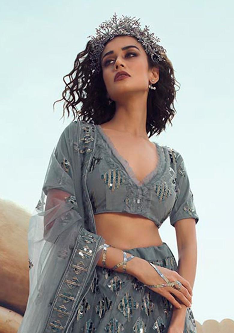 Grey Embroidered Poly Blend Lehenga Set