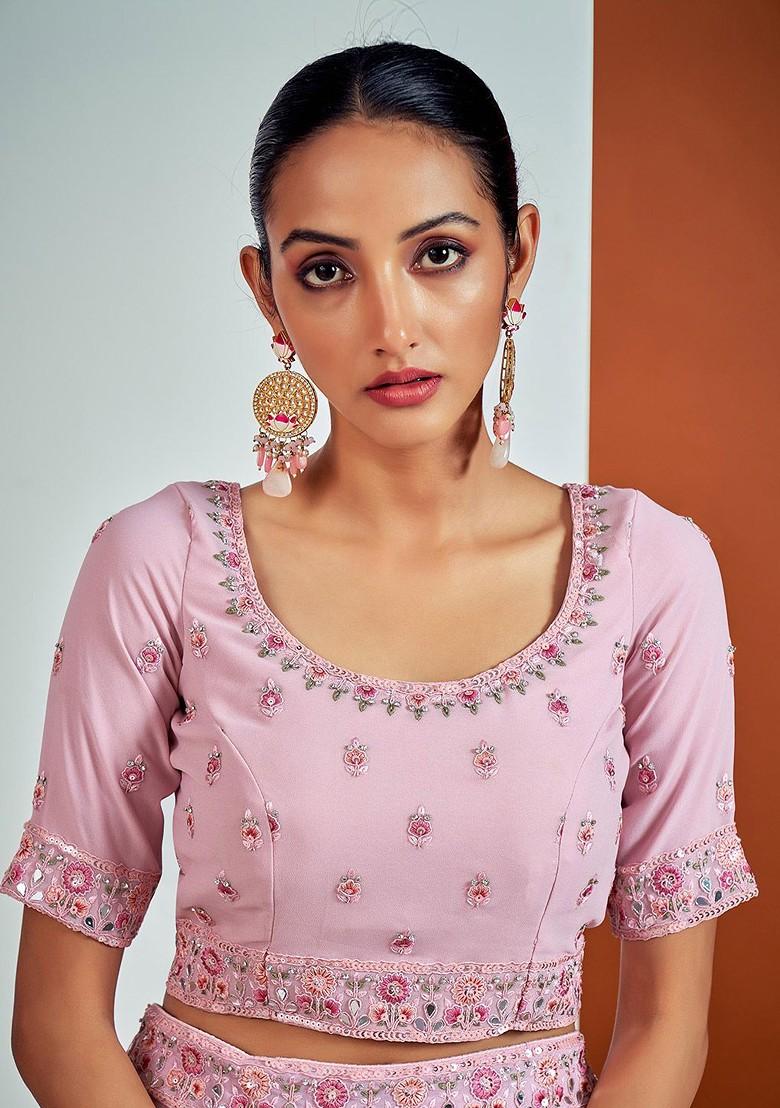 Pink Embroidered Poly Blend Lehenga Set