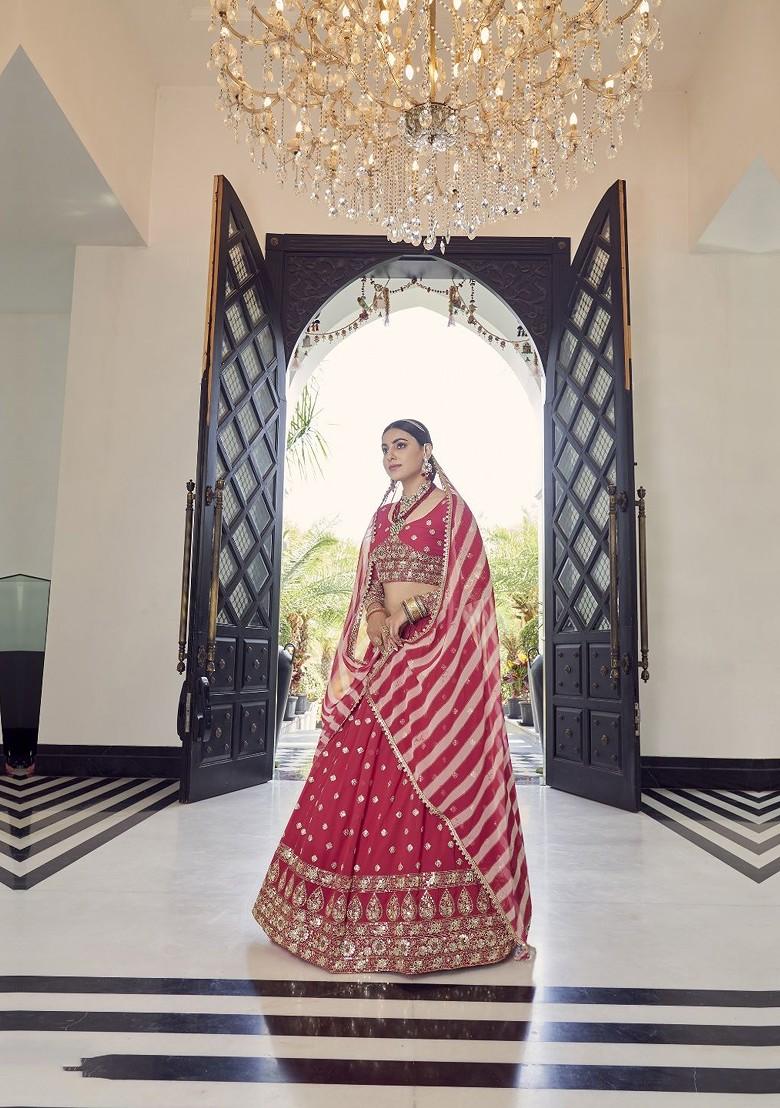 Red Mirror Work Poly Blend Lehenga Set