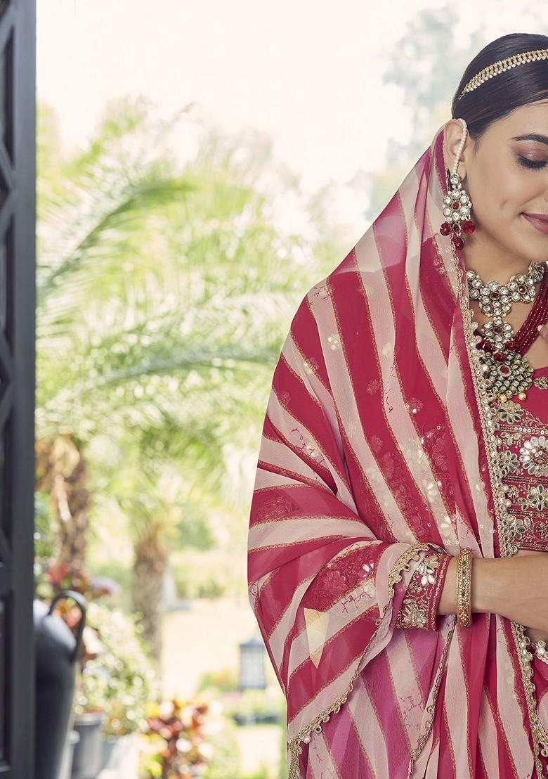 Red Mirror Work Poly Blend Lehenga Set