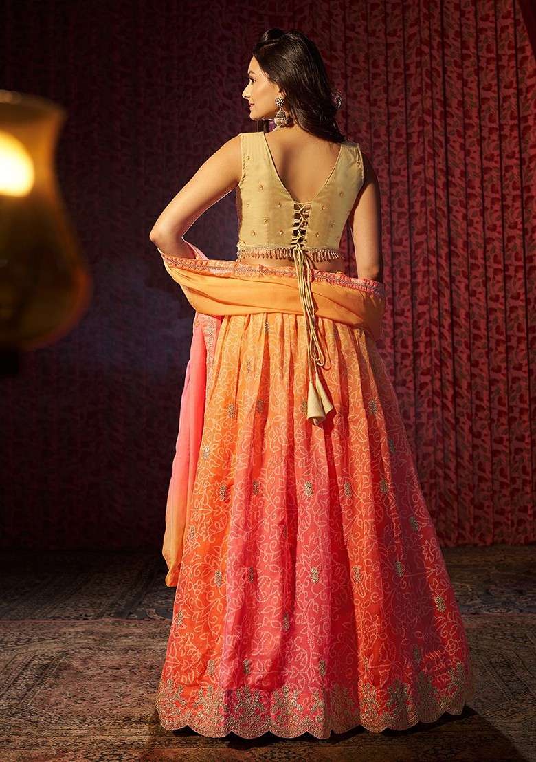 Orange Poly Blend Lehenga Set with Embroidered for Diwali | Wedding & Festive Wear - Indya