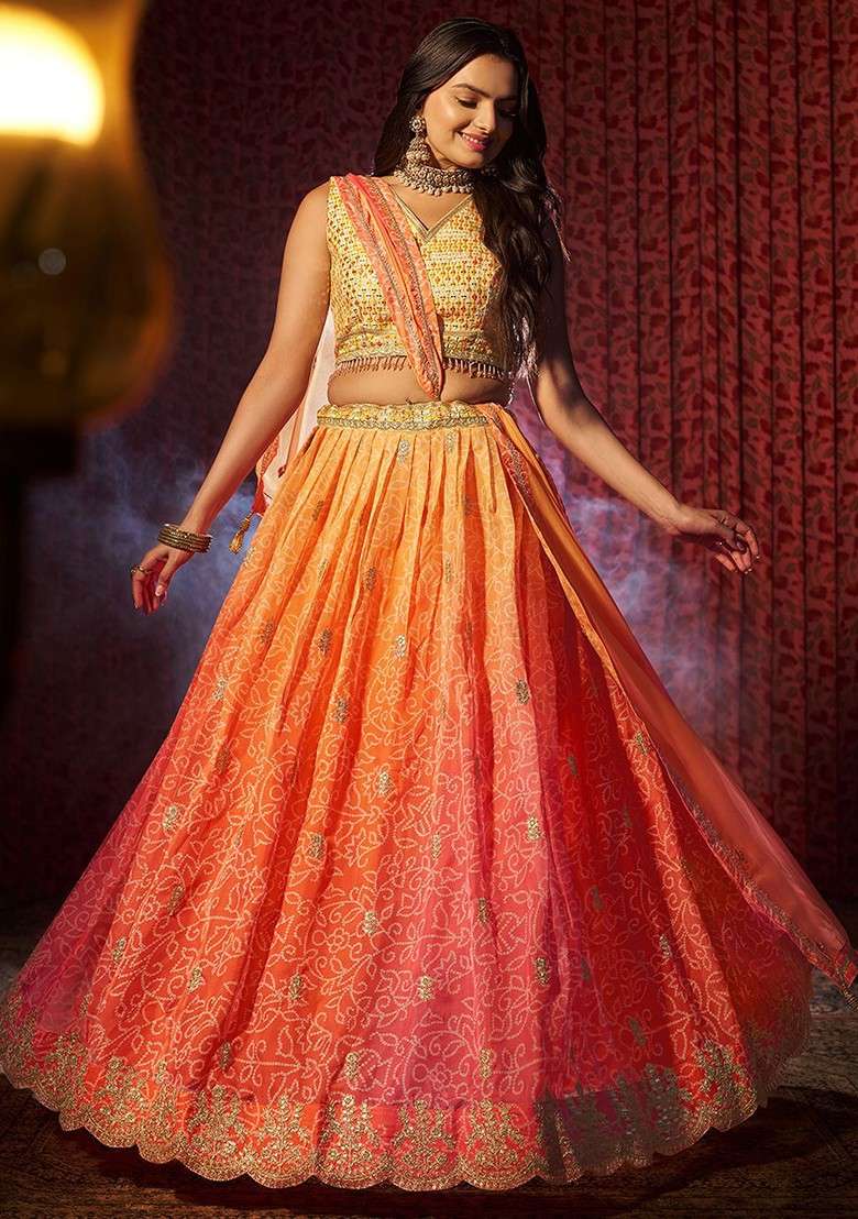 Orange Poly Blend Lehenga Set with Embroidered for Diwali | Wedding & Festive Wear - Indya