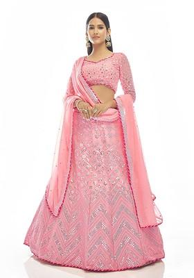 Pink Embroidered Poly Blend Lehenga Set