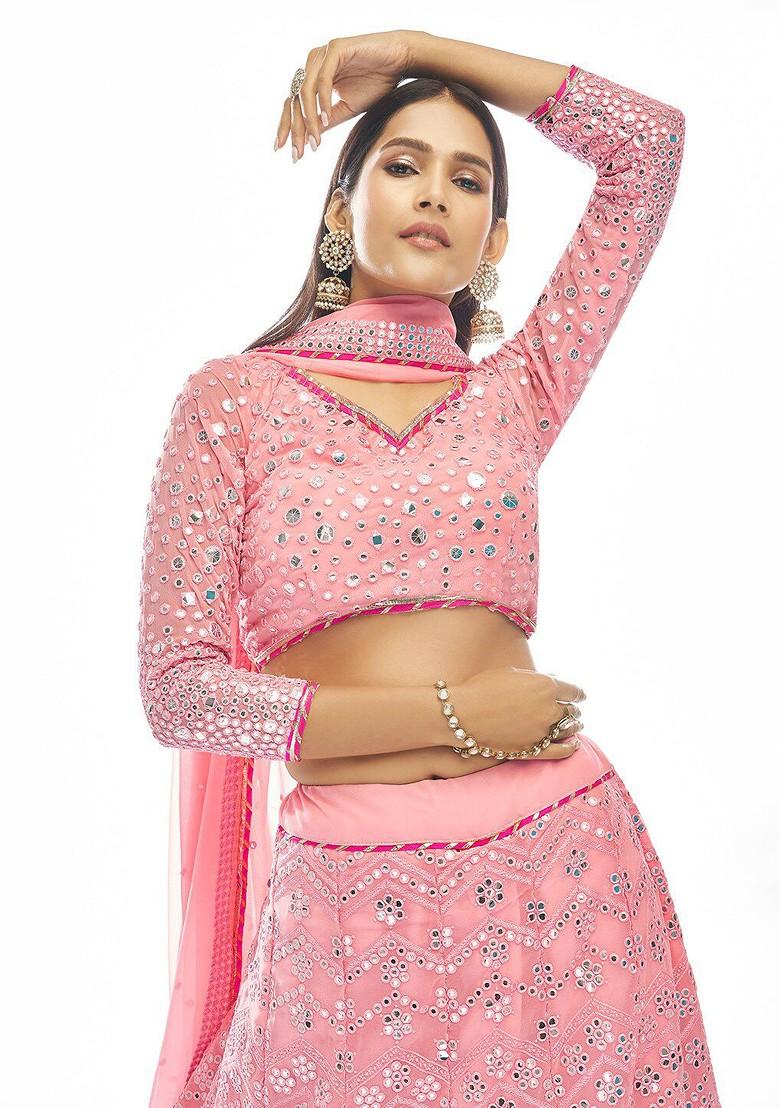 Pink Embroidered Poly Blend Lehenga Set