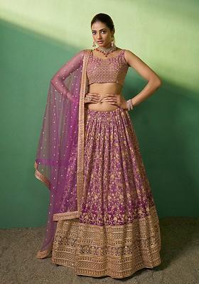 Purple Embroidered Poly Blend Lehenga Set