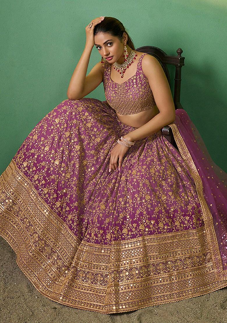 Purple Embroidered Poly Blend Lehenga Set