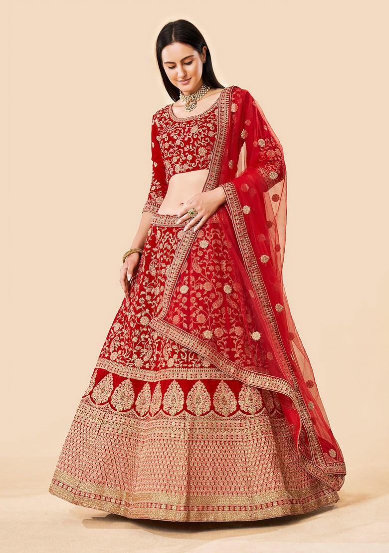 Red Embroidered Poly Blend Lehenga Set