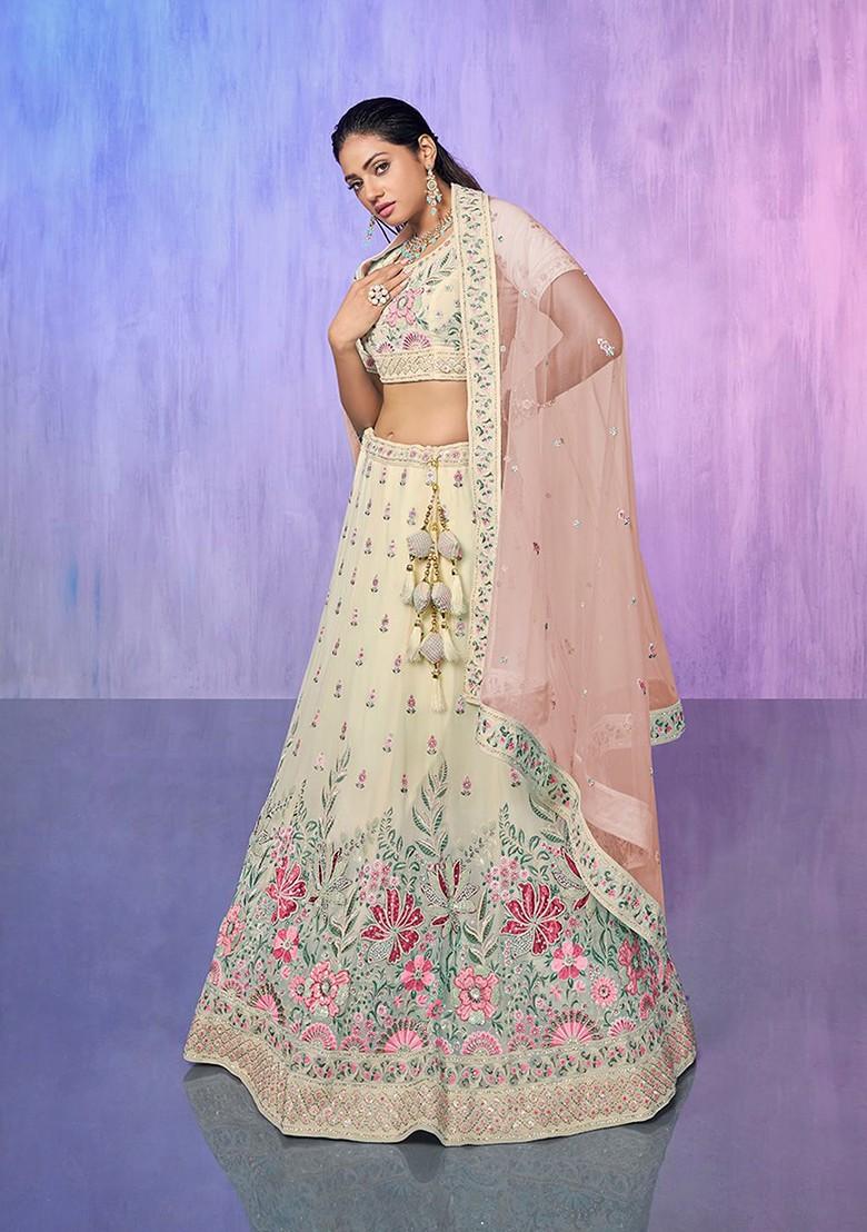 White Sequin Embroidered Poly Blend Lehenga Set