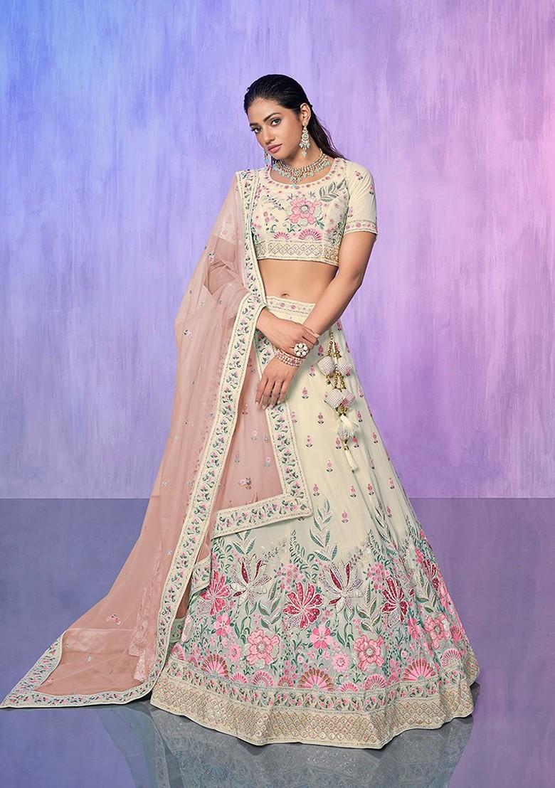 White Sequin Embroidered Poly Blend Lehenga Set