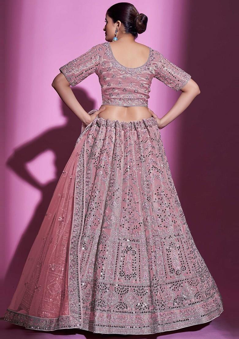 Pink Mirror Work Poly Blend Lehenga Set