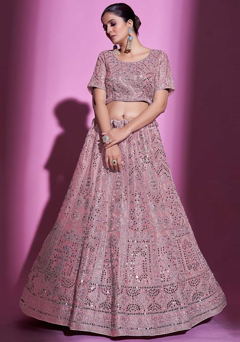 Pink Mirror Work Poly Blend Lehenga Set