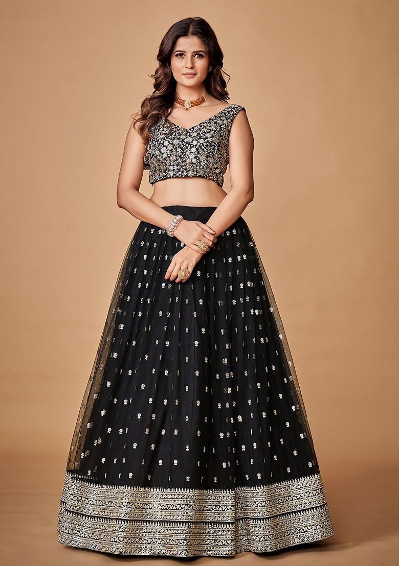 Black Embroidered Poly Blend Lehenga Set