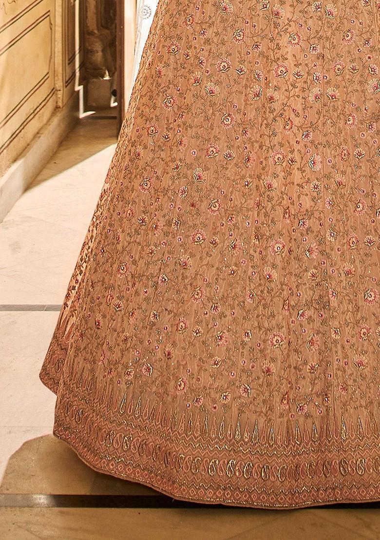 Peach Embroidered Poly Blend Lehenga Set