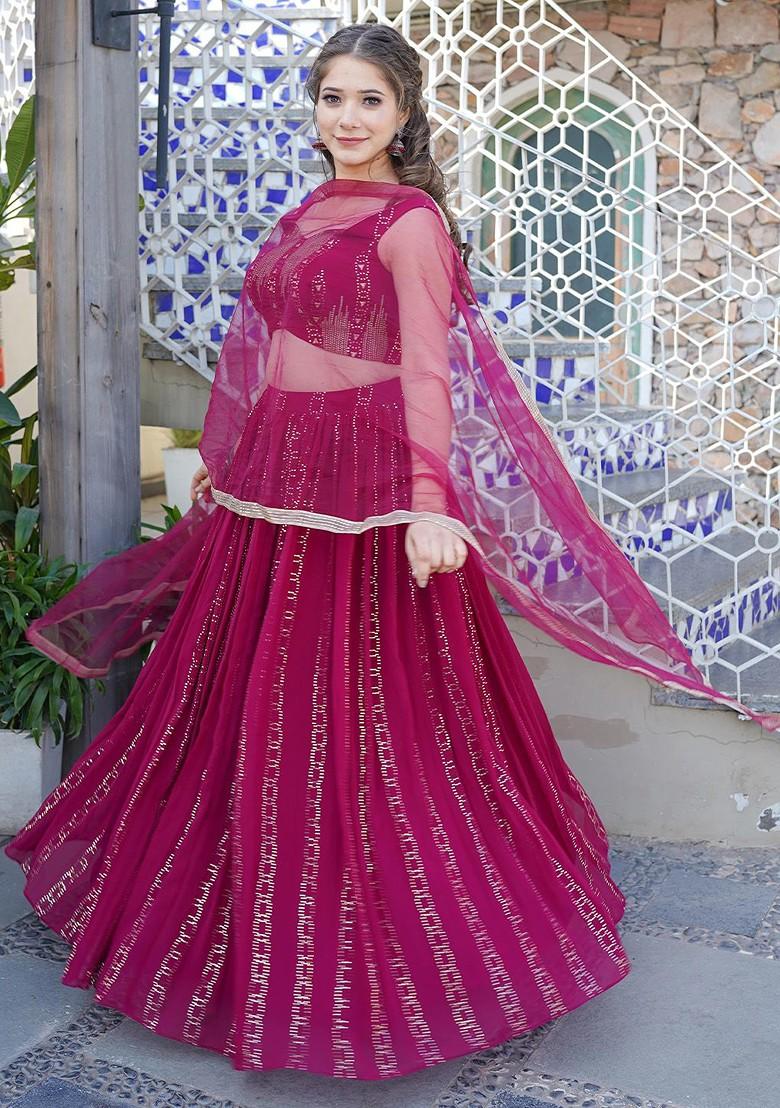 Maroon Embroidered Poly Blend Lehenga Set