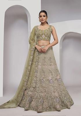 Olive Embroidered Poly Blend Lehenga Set