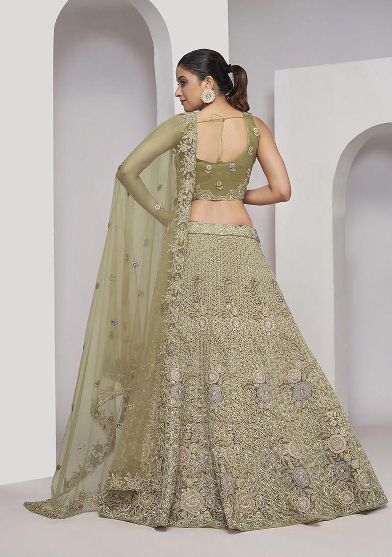 Olive Embroidered Poly Blend Lehenga Set