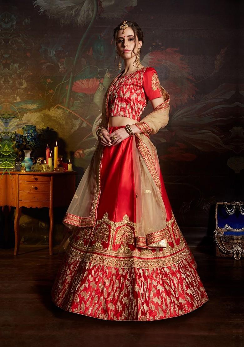Red Embroidered Poly Blend Lehenga Set