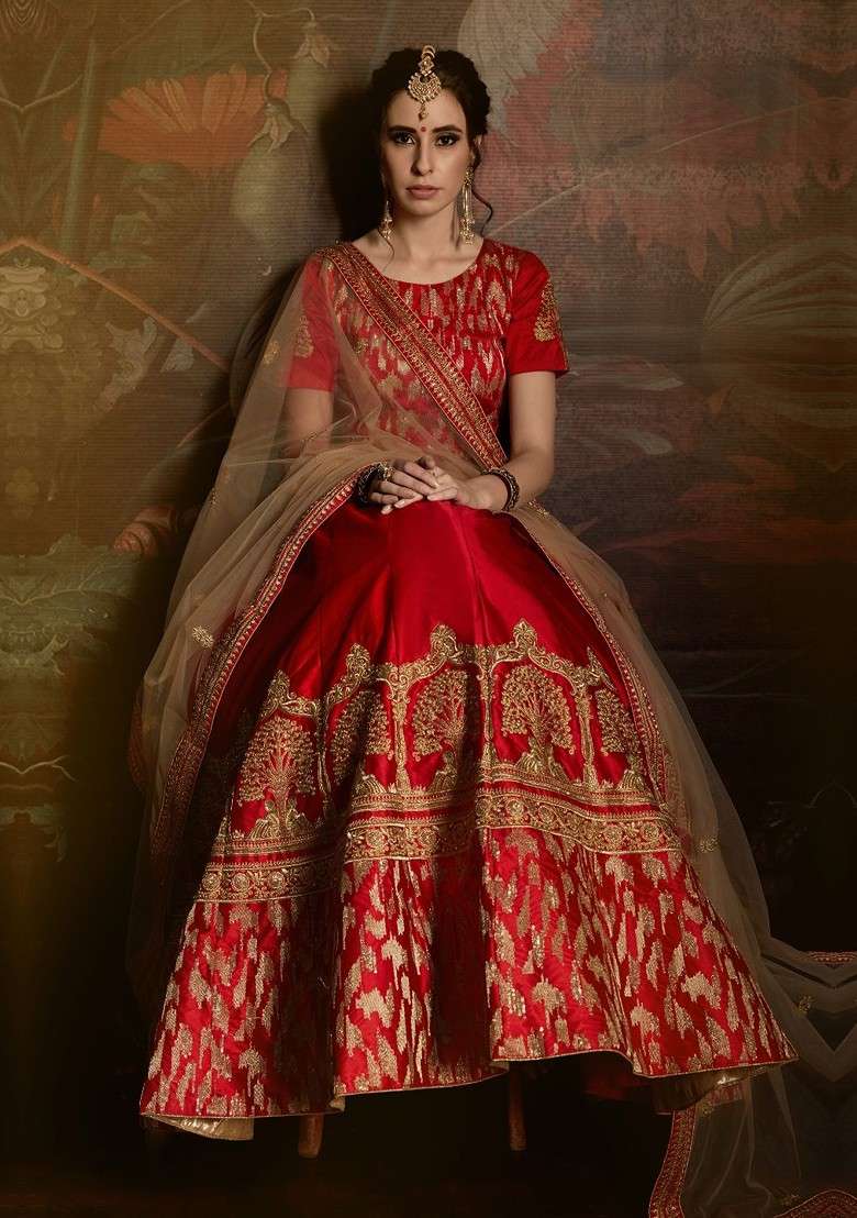 Red Embroidered Poly Blend Lehenga Set for Diwali and Festive Wear - Indya