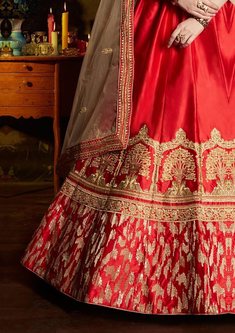 Red Embroidered Poly Blend Lehenga Set
