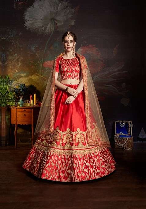 Red Embroidered Poly Blend Lehenga Set for Diwali and Festive Wear