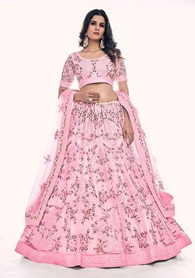 Pink Embroidered Poly Blend Lehenga Set