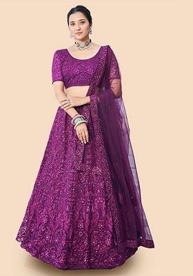 Purple Embroidered Poly Blend Lehenga Set