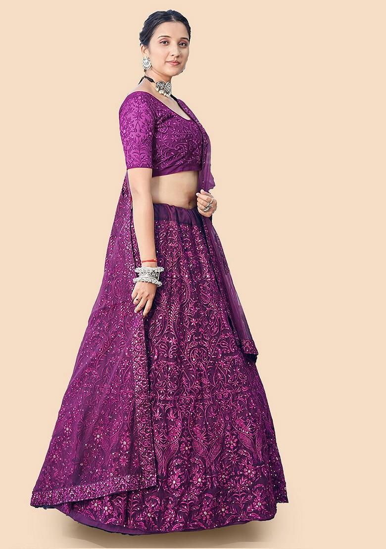 Purple Embroidered Poly Blend Lehenga Set
