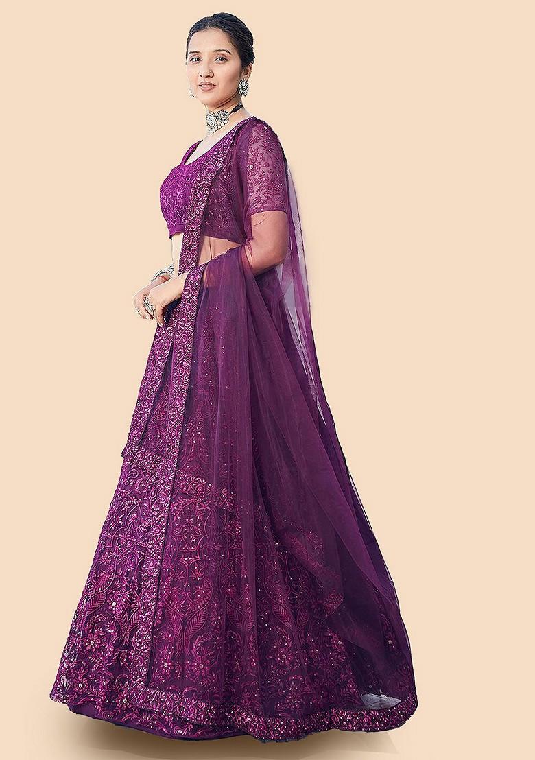 Purple Embroidered Poly Blend Lehenga Set