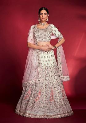 White Embroidered Poly Blend Lehenga Set