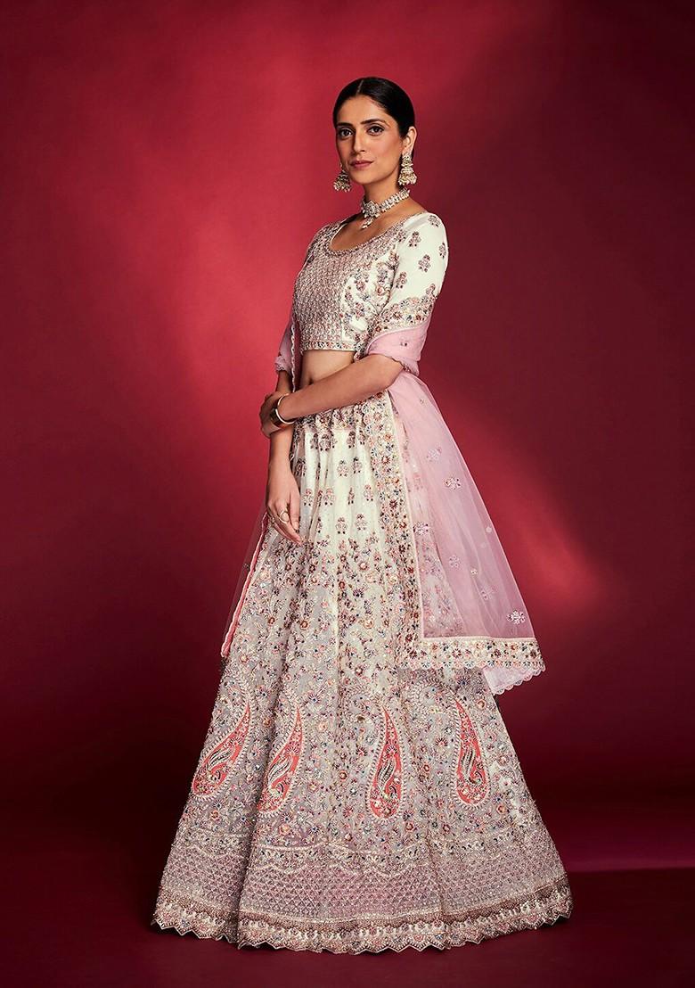 White Embroidered Poly Blend Lehenga Set