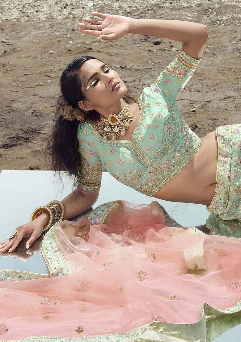 Blue Embroidered Poly Blend Lehenga Set