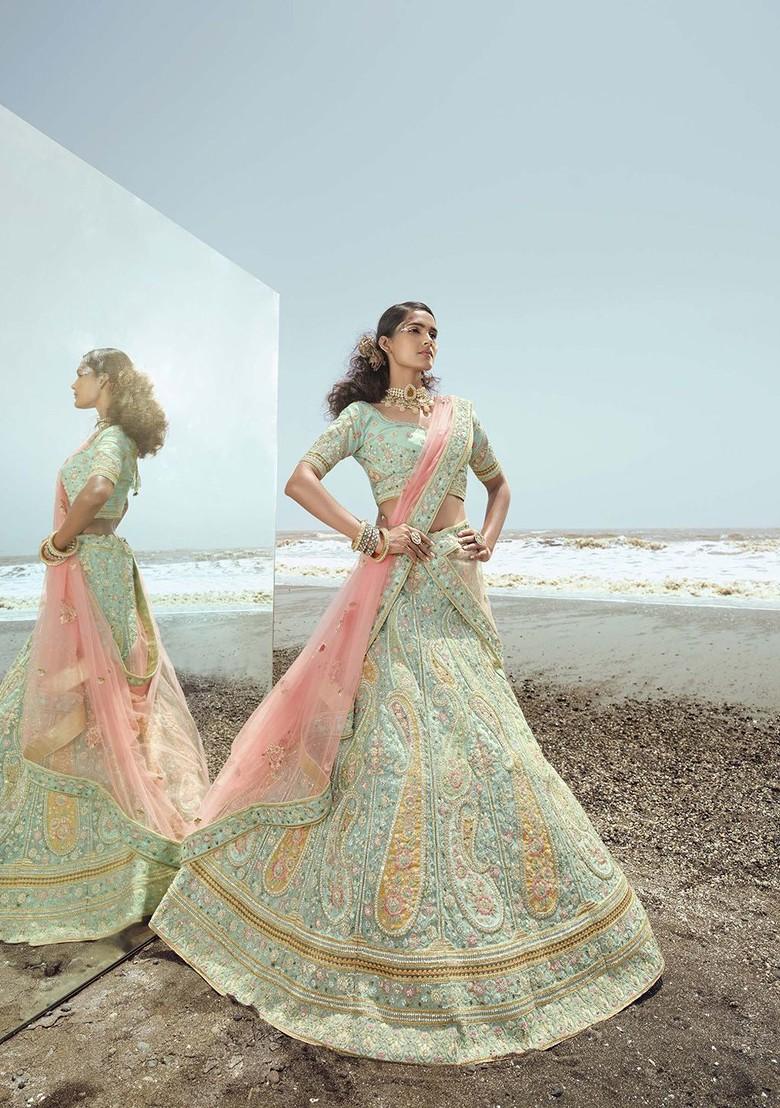 Blue Embroidered Poly Blend Lehenga Set