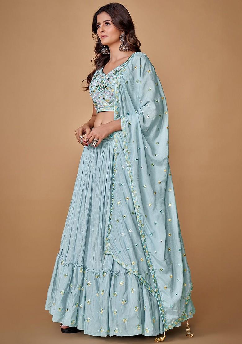 Blue Embroidered Poly Blend Lehenga Set