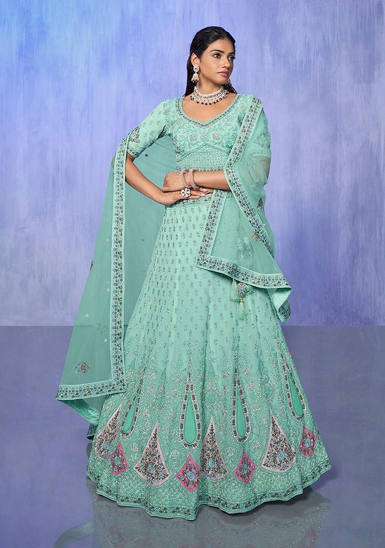 Blue Embroidered Poly Blend Lehenga Set