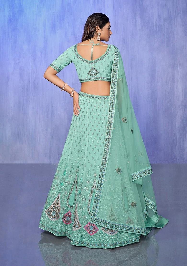 Blue Embroidered Poly Blend Lehenga Set