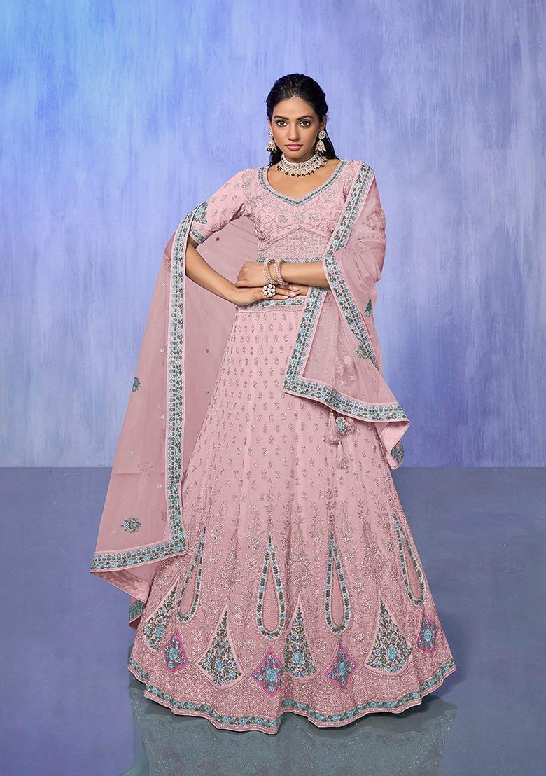 Pink Embroidered Poly Blend Lehenga Set
