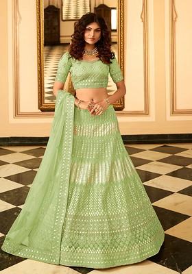 Green Embroidered Poly Blend Lehenga Set
