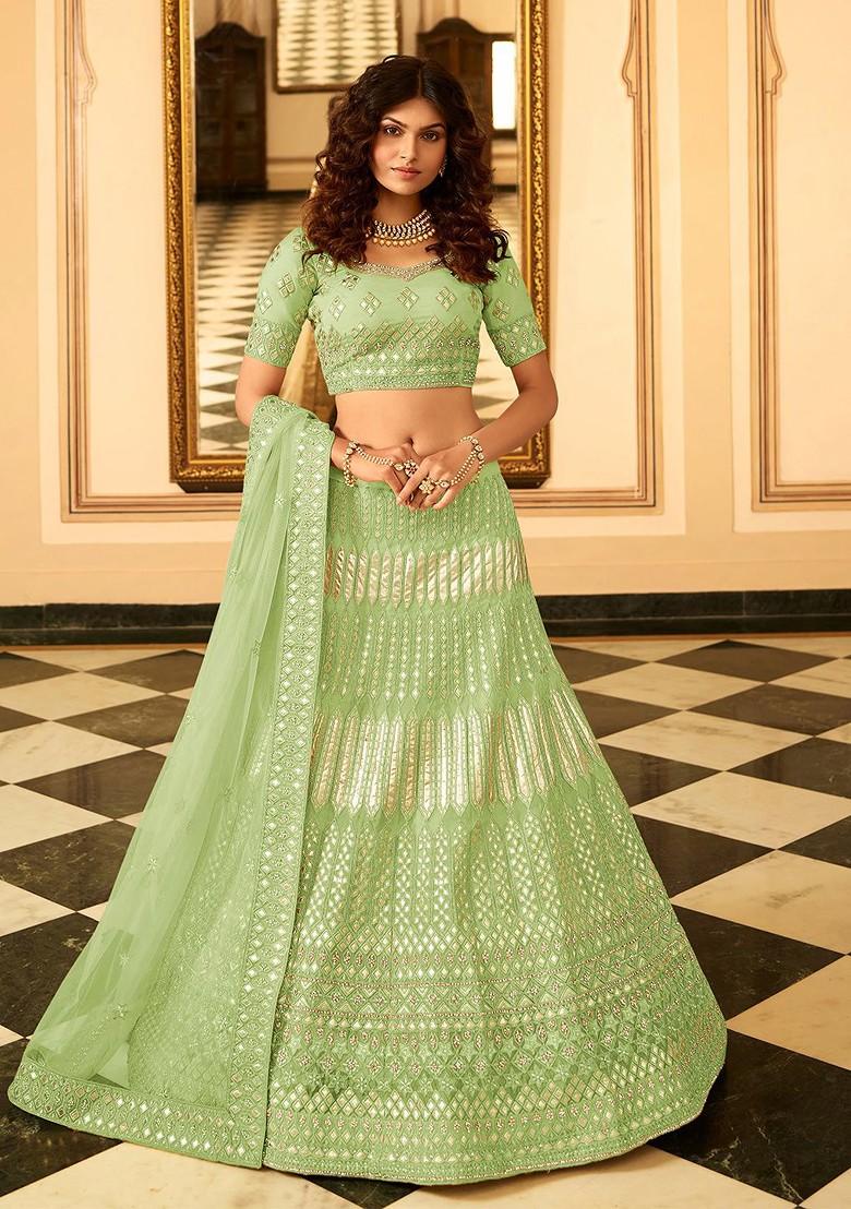 Green Embroidered Poly Blend Lehenga Set