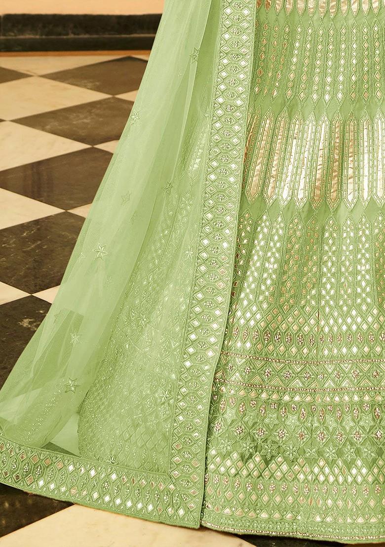 Green Embroidered Poly Blend Lehenga Set