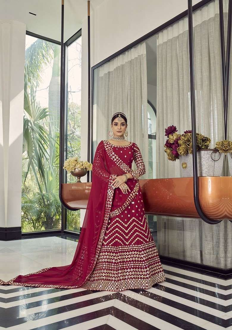 Red Embroidered Poly Blend Lehenga Set for Diwali and Festive Wear - Indya